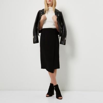 Black asymmetric wrap front midi skirt